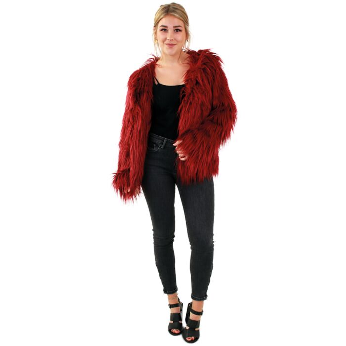 Kunstpelzmantel mit langen Haaren in Bordeauxrot, Größe 40-42. Perfekt für ein auffälliges Karnevalsoutfit.