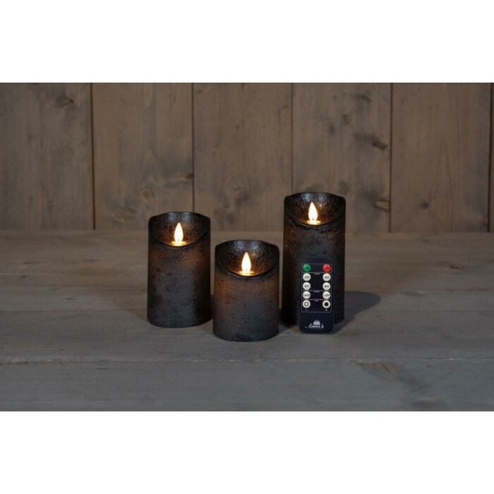 LED Kerze rustikale bewegliche Flamme anthrazit 3er Set - Anna's Collection