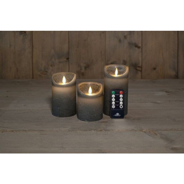LED Kerze rustikal bewegte Flamme grau 3er Set - Anna's Collection