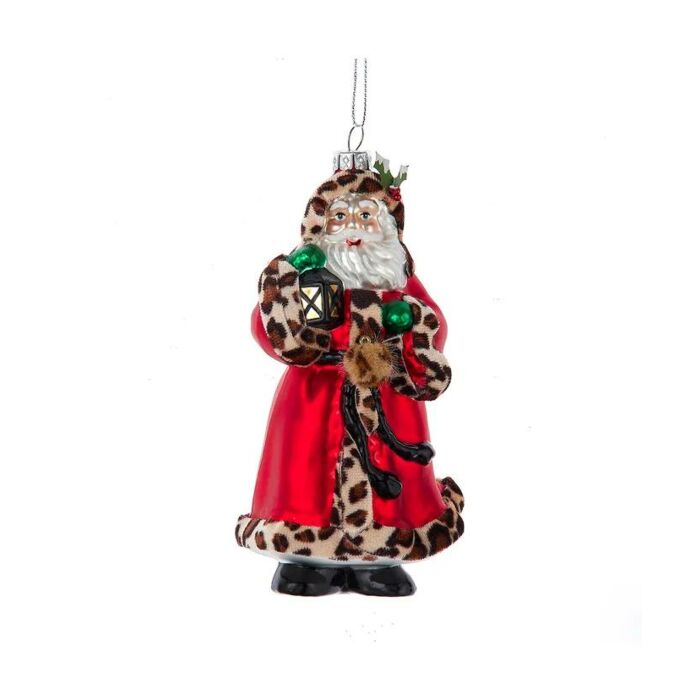 Santa Glass with Fabric Leopard Trium Holding Lamp Ornament 16,5 cm - Kurt Adler Santa Glass with Fabric Leopard Trium Holding Lamp Ornament 16,5 cm - Kurt Adler