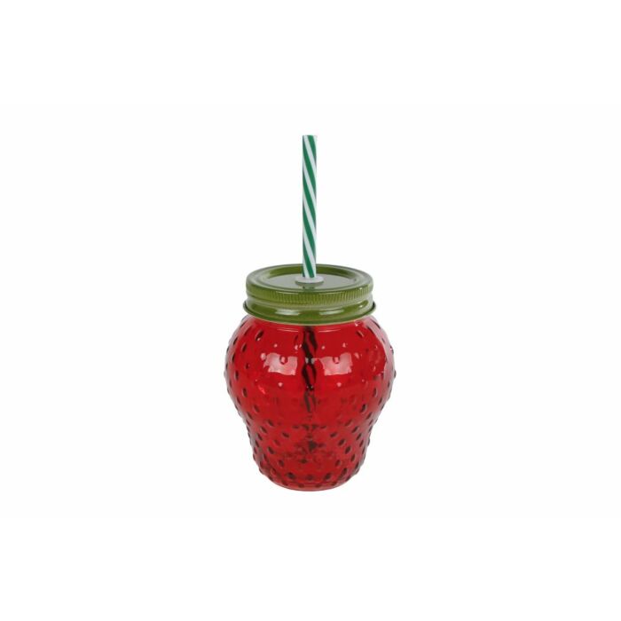 Trinkglas Erdbeere Strohhalm rotes Glas 12,5 cm Trinkglas Erdbeere Strohhalm rotes Glas 12,5 cm