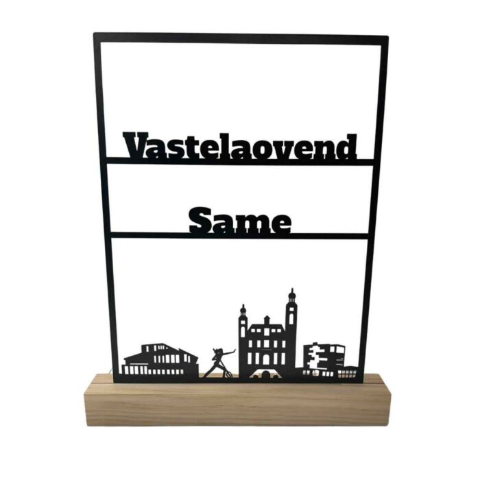 Einzigartiges Regal mit der Aufschrift "Vastelaovund Same" und ikonischen Venloer Gebäuden Ohne LED-Beleuchtung Einzigartiges Regal mit der Aufschrift "Vastelaovund Same" und ikonischen Venloer Gebäuden Ohne LED-Beleuchtung