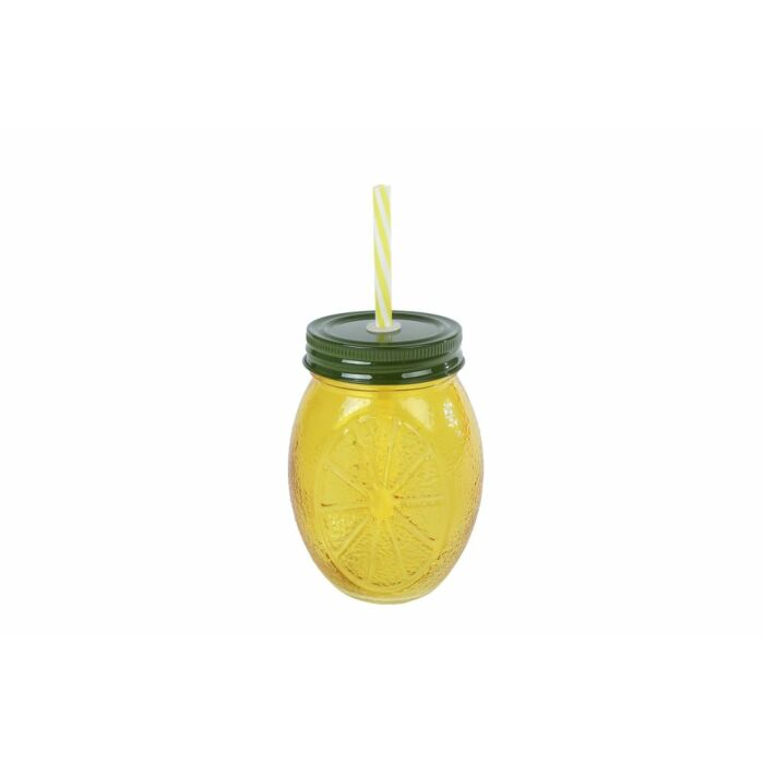 Trinkglas Zitrone Strohhalm gelbes Glas 12,5 cm