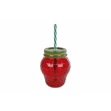 Trinkglas Erdbeere Strohhalm rotes Glas 12,5 cm