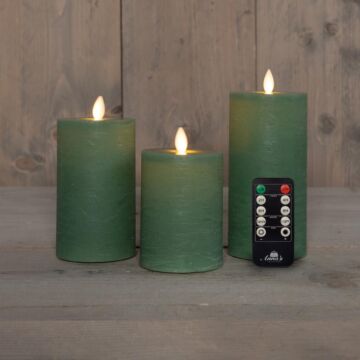 Stumpenkerze rustikal Wachs LED wiederaufladbar jadegrün 3er-Set – Anna's Collection
