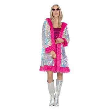 Holografischer Paillettenmantel lang mit Pelzbesatz Einheitsgröße